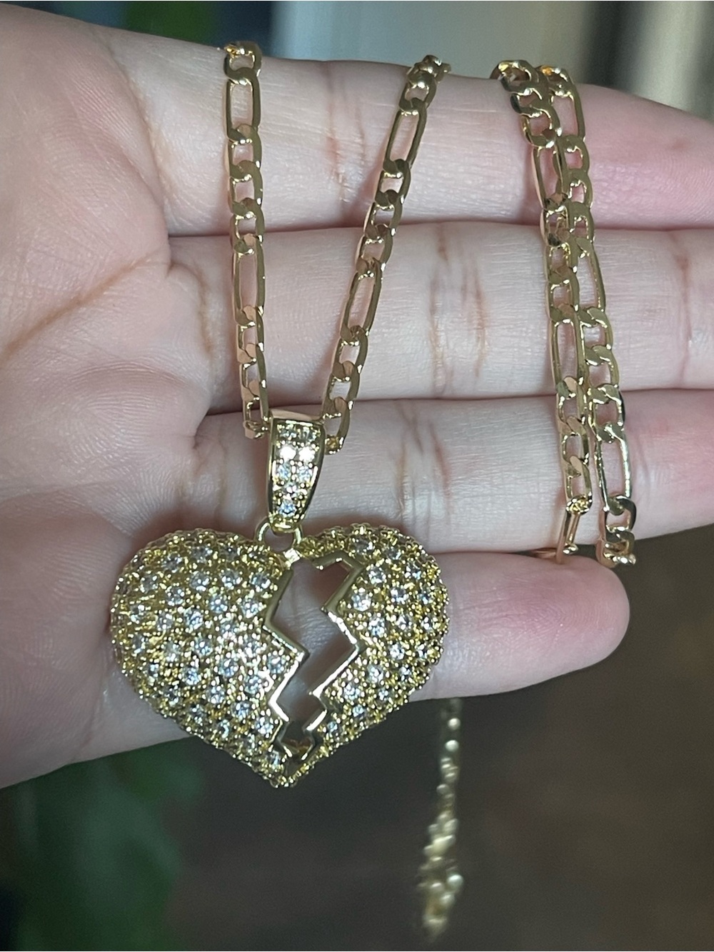 Gold Broken Heart Pendant Necklace - Sparkling CZ Accent